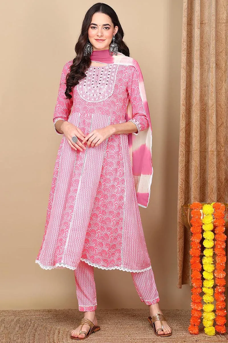 Coral Viscose Rayon Ethnic Motifs Yoke Design Flared Suit Set