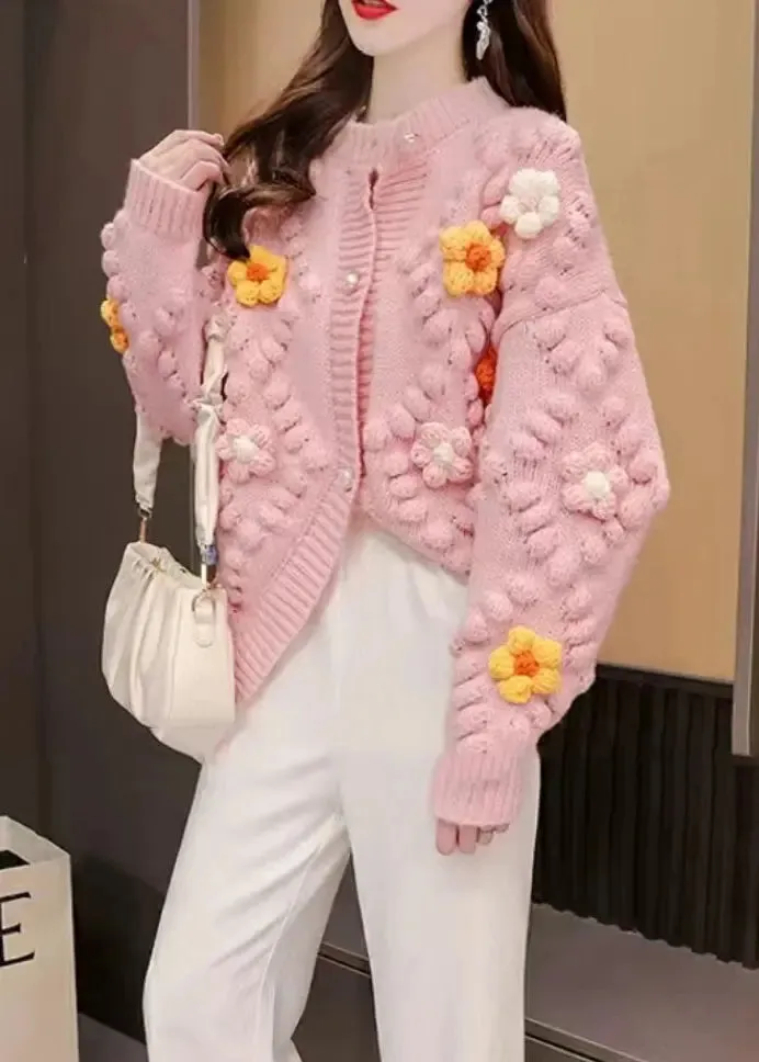 French Pink O Neck Floral Patchwork Knit Cardigan Fall ML0965