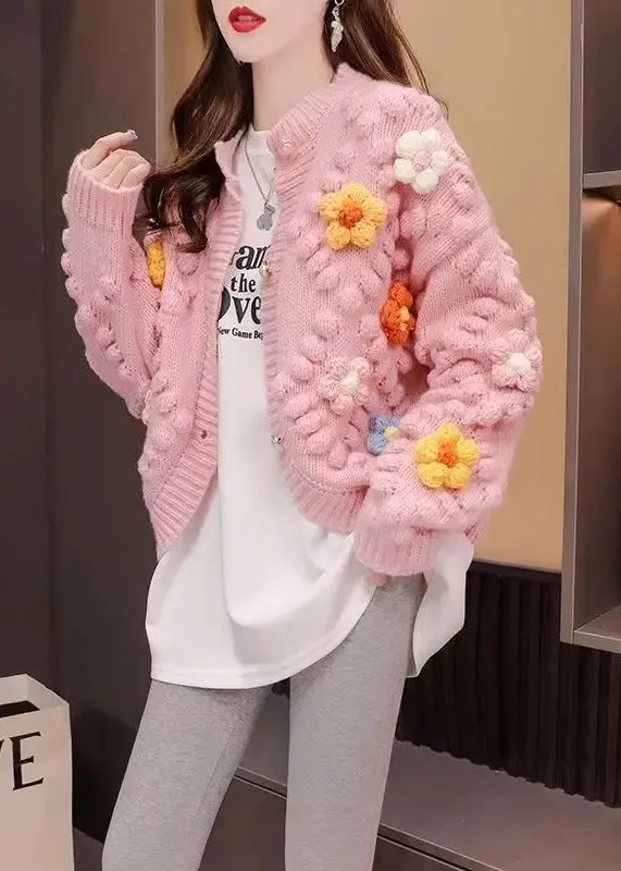 French Pink O Neck Floral Patchwork Knit Cardigan Fall ML0965