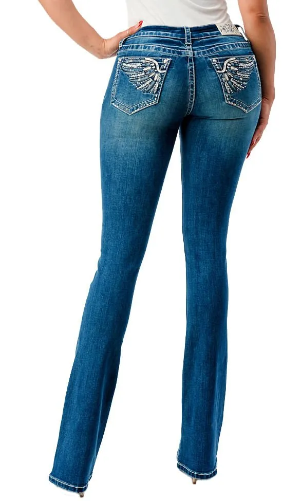 Grace in LA Wing Embroidered Mid Rise Bootcut Jeans