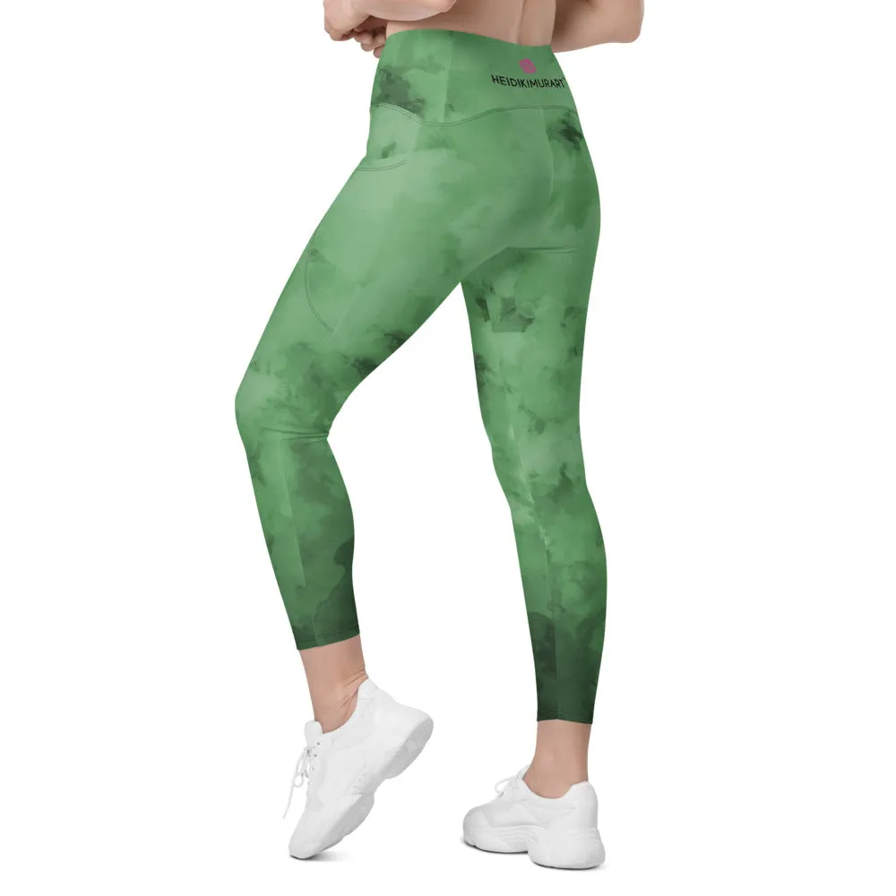 Green Abstract Women's Leggings, Abstract Best Leggings With Pockets For Women - Made in USA/EU/MX