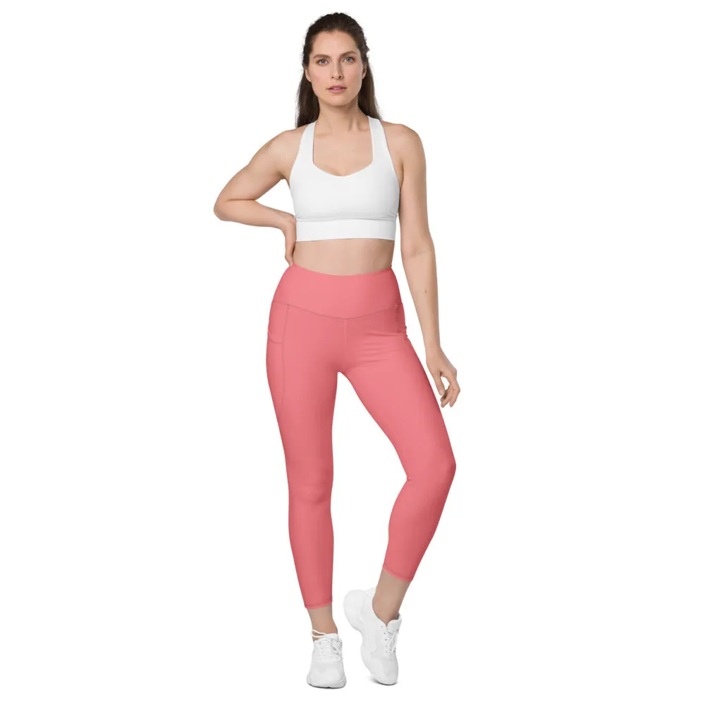 Peach Pink Women's Tights, Solid Color Best Yoga Pants With 2 Side Deep Long Pockets - Made in USA/EU/MX (US Size: 2XS-6XL)
