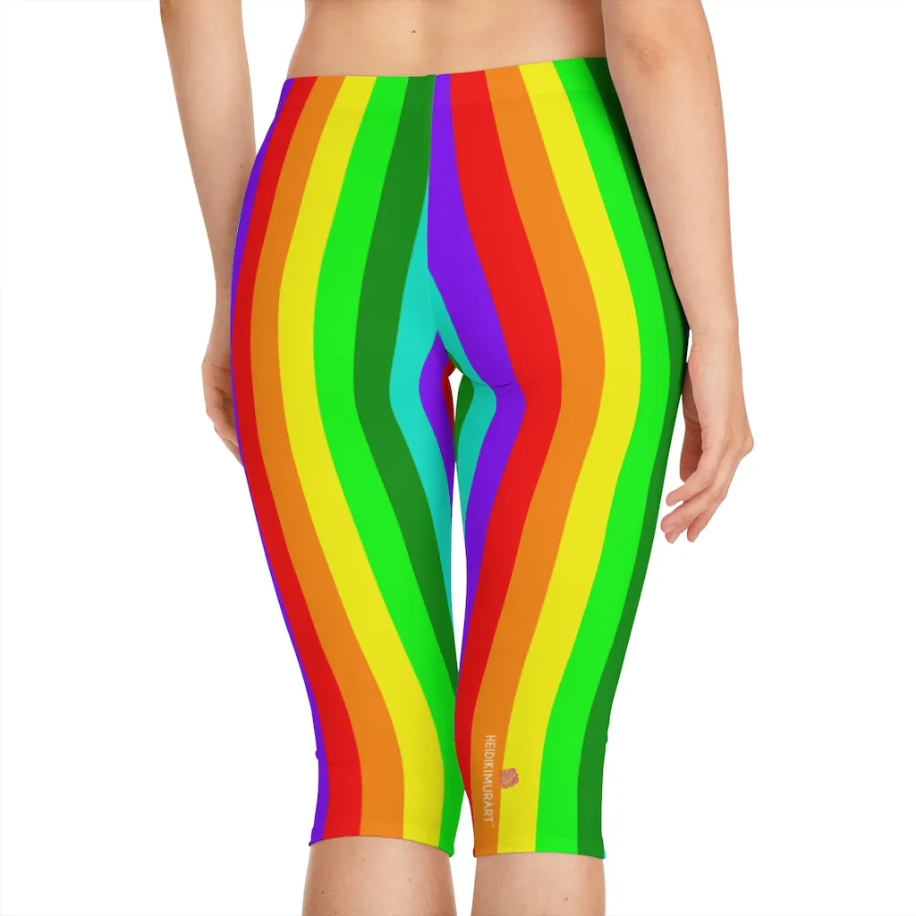 Rainbow Striped Women's Capri Leggings, Knee-Length Polyester Capris Tights-Made in USA (US Size: XS-2XL)