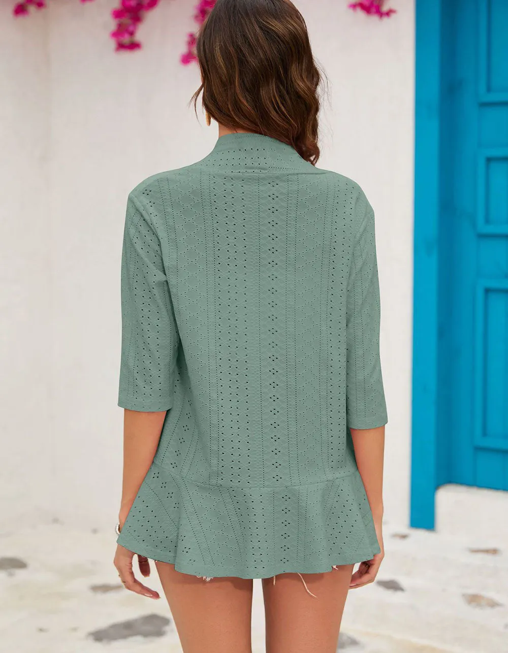 Solid-color Cut Out Cardigan 3/4 Sleeve Ruffle Shirt