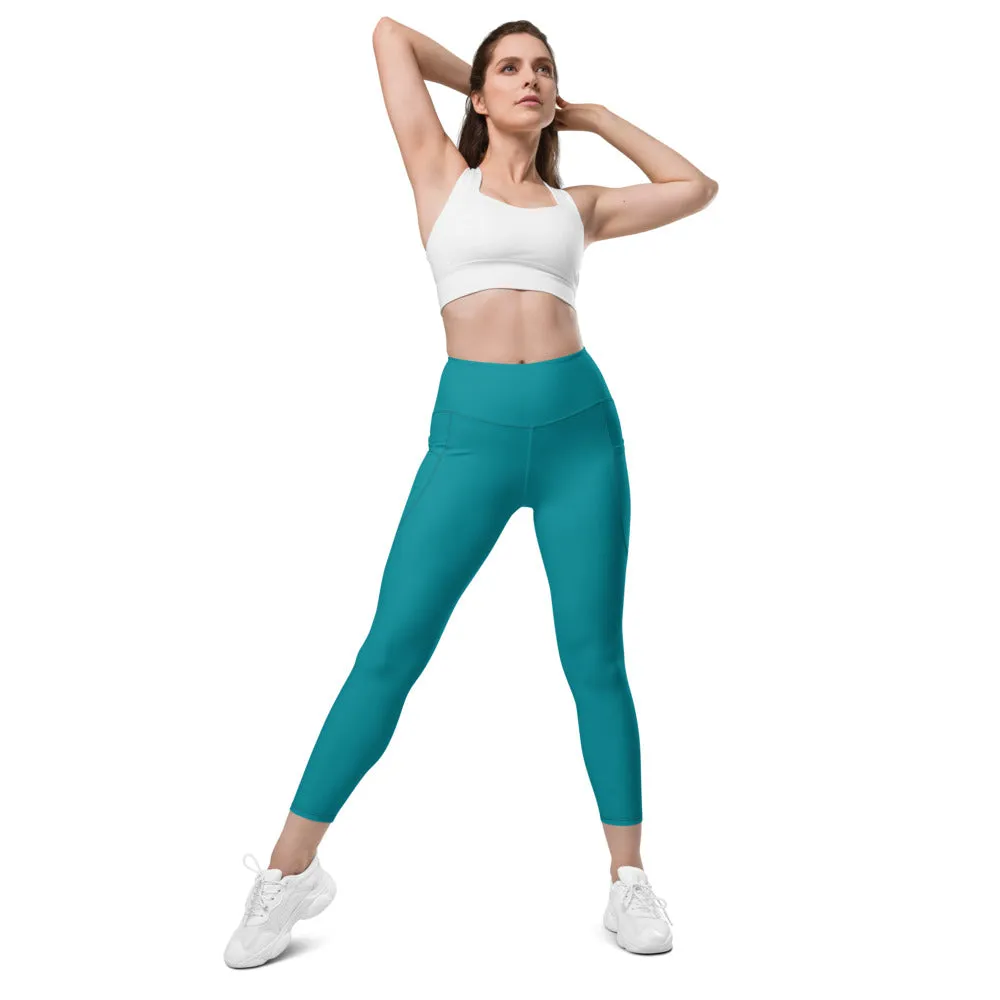 Turquoise Blue Women's Tights, Solid Color Best Yoga Pants With 2 Side Deep Long Pockets - Made in USA/EU/MX (US Size: 2XS-6XL)