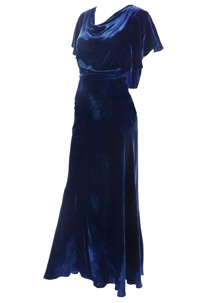 Vintage 1930s Dress in Blue Velvet With Flutter Sleeves